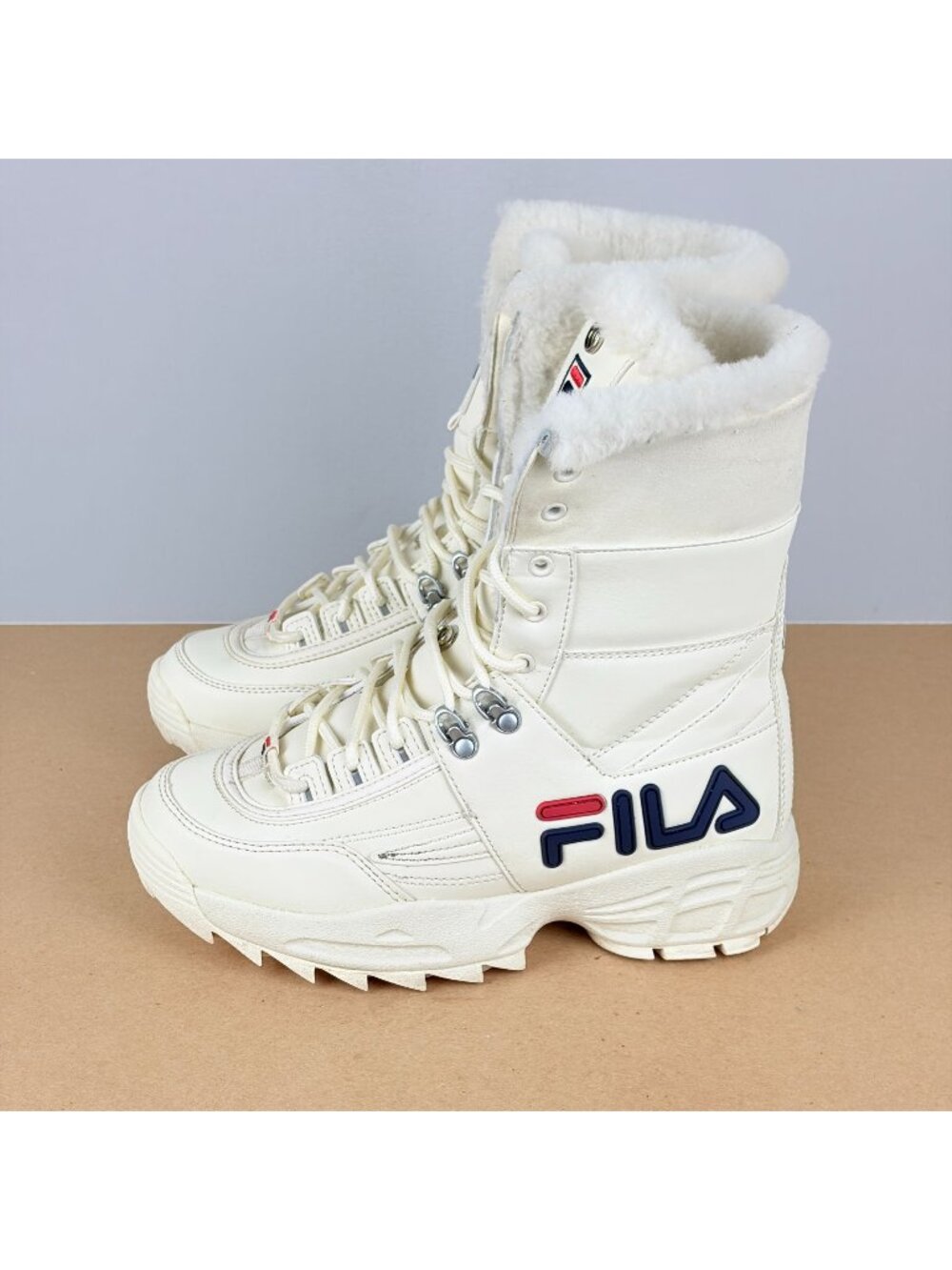 Fila Disrupter Faux Fur Winter Boots Womens 8 Off White Lace Up Fold Over